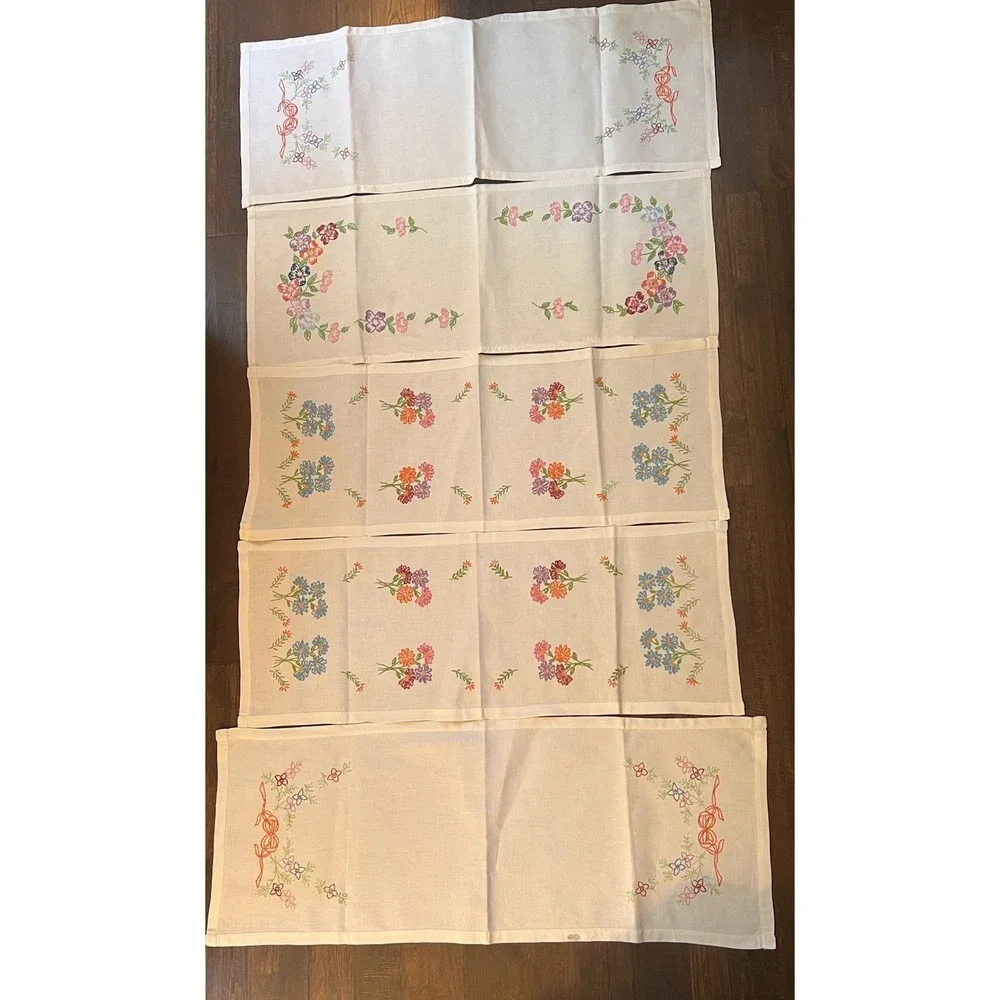 Lot- 5 Vintage Dresser Scarfs EMBROIDERED Table Runner  Floral‎ Bows Woven MCM